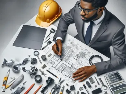 Engineer reviewing plans and equipment models